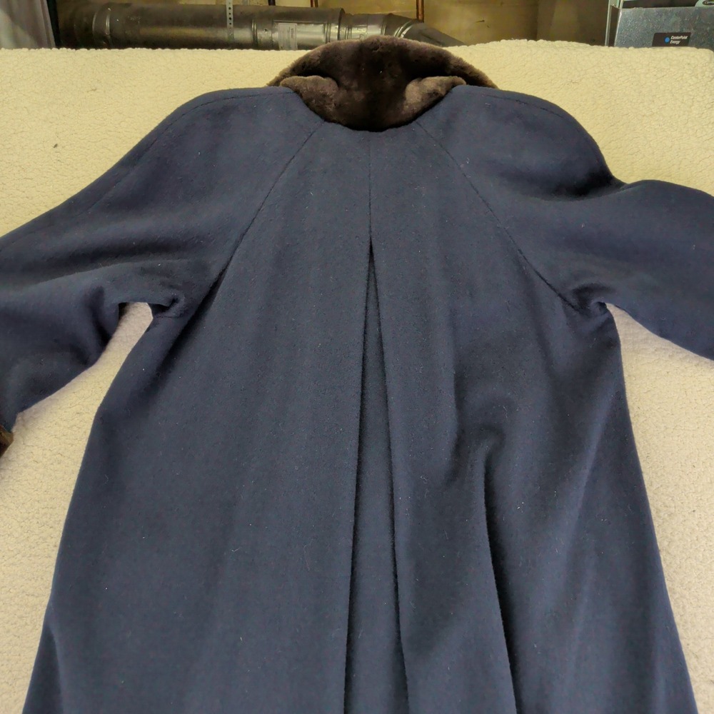 Steve Searle Women's Navy Blue Wool Blend Faux Fur Collar Long Coat Size 4 Small - Picture 5 of 8
